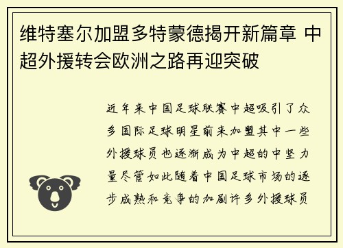 维特塞尔加盟多特蒙德揭开新篇章 中超外援转会欧洲之路再迎突破