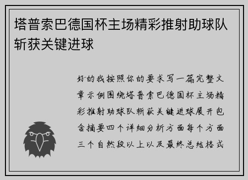 塔普索巴德国杯主场精彩推射助球队斩获关键进球